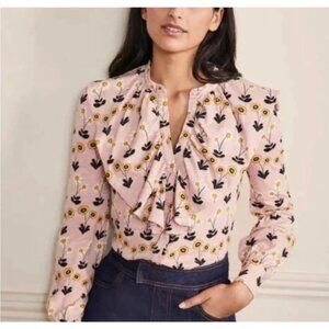 Boden Betsy Floral Print Ruffle Front Top 4 Button Down Long Sleeve Pink